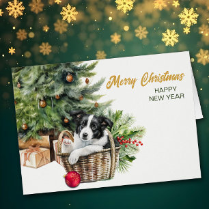 Border Collie Puppy Wicker Basket Christmas Cards