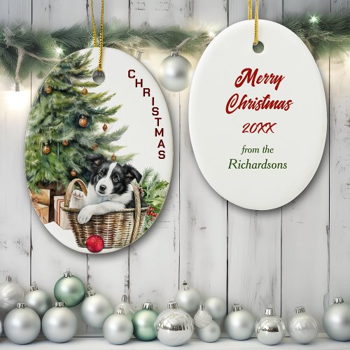 Border Collie Puppy Wicker Basket Christmas Ceramic Ornament