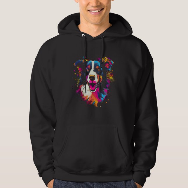 Border Collie Rainbow Splashes Retro Design Hoodie (Front)
