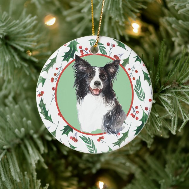 Border Collie Red Berry Holly Border Ceramic Ornament (Tree)