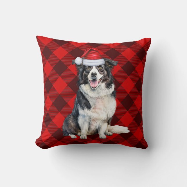 Border Collie Red Buffalo Plaid Christmas Dog Throw Pillow (Front)