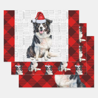 Border Collie Red Buffalo Plaid Christmas Wrapping Paper Sheets