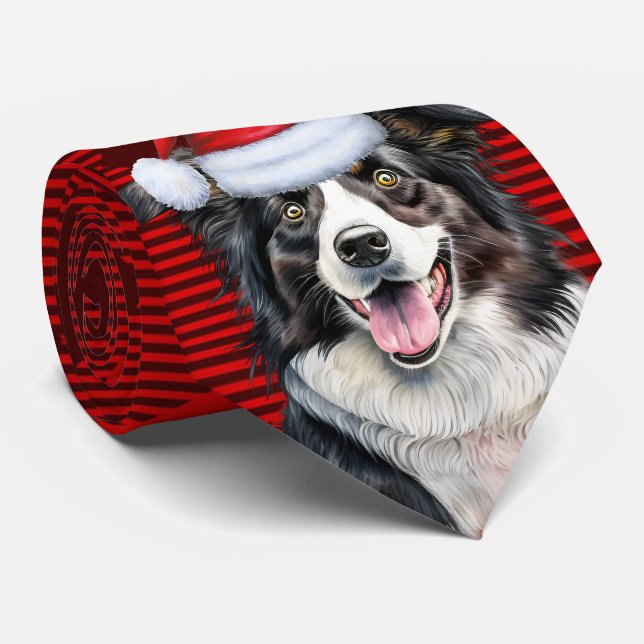 Border Collie Red Buffalo Plaid Holiday Christmas Neck Tie (Rolled)