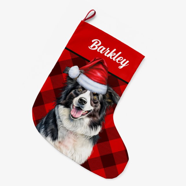 Border Collie Red Buffalo Plaid with Dog's Name Large Christmas Stocking (Front (Hanging))