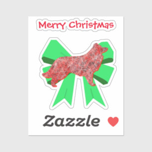 Border Collie Red Dog & Green Bow Christmas Star Sticker
