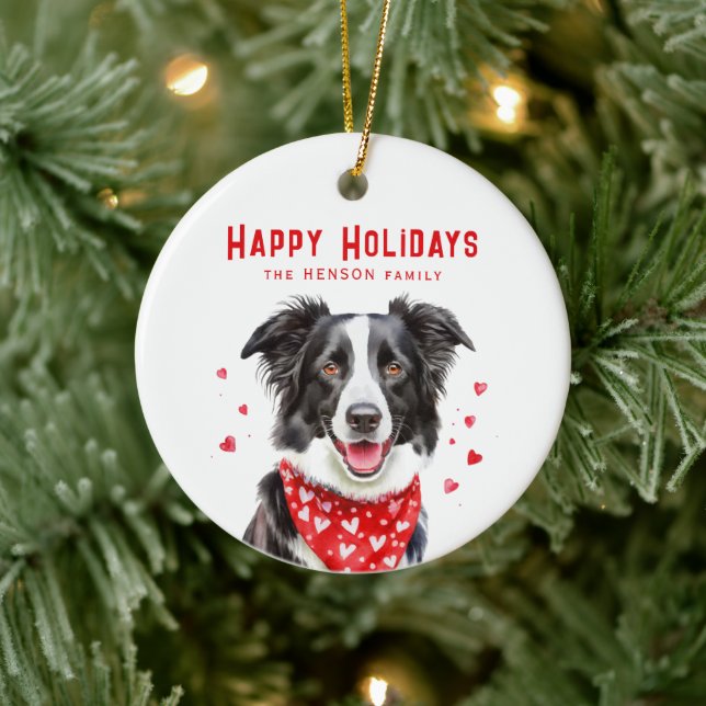 Border Collie Red Heart Bandana Christmas  Ceramic Ornament (Tree)