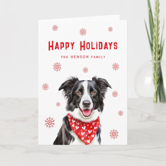 Border Collie Red Heart Bandana Christmas  Holiday Card (Front)