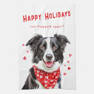 Border Collie Red Heart Bandana Christmas Kitchen Towel