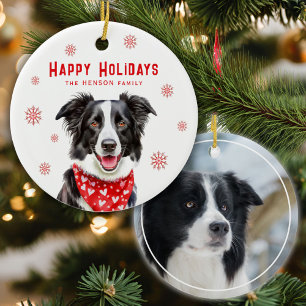Border Collie Red Heart Bandana Christmas Photo Ceramic Ornament