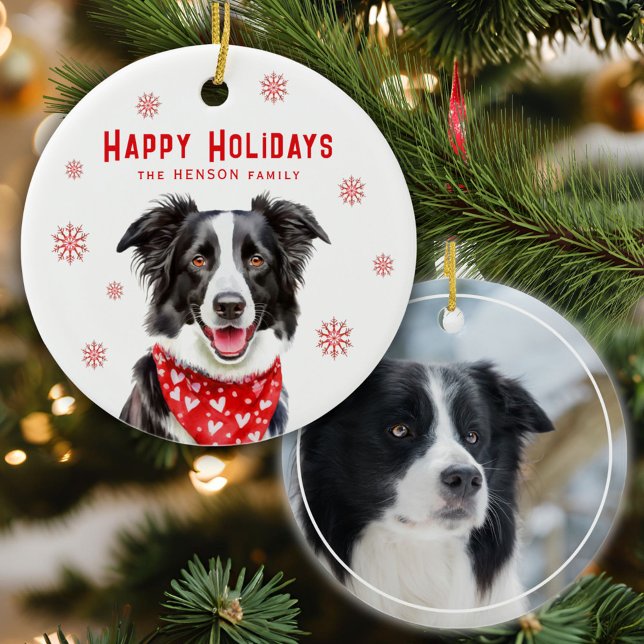 Border Collie Red Heart Bandana Christmas Photo Ceramic Ornament (Creator Uploaded)