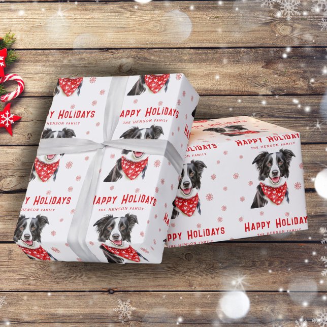 Border Collie Red Heart Bandana Christmas Photo Wrapping Paper (Creator Uploaded)