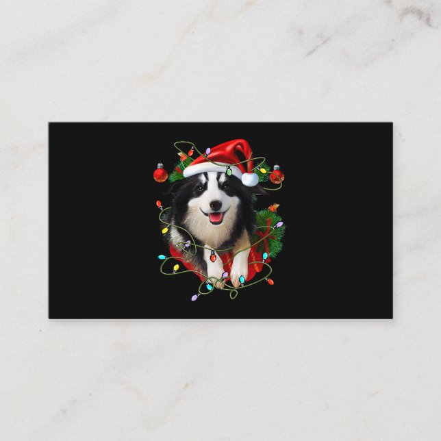 Border Collie Reindeer Santa Hat Xmas Lights Chris Business Card (Front)