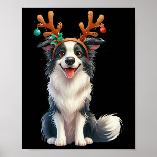 Border Collie Reindeer Santa Hat Xmas Lights Chris Poster