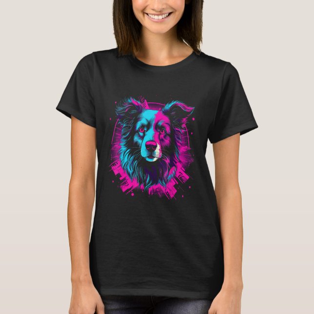 Border Collie Retro Vaporwave Design T-Shirt (Front)