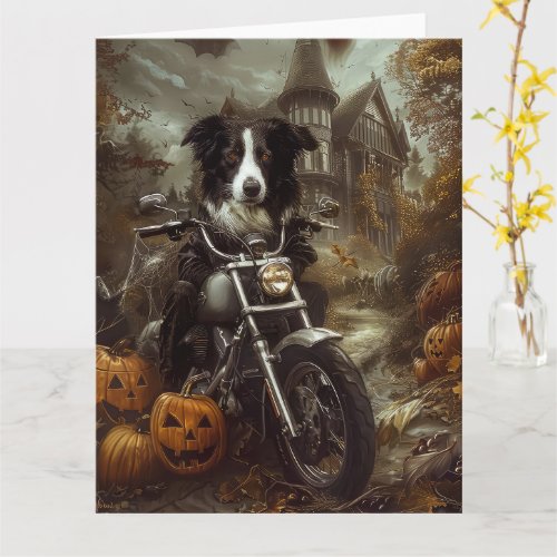 Border Collie Riding Motorcycle Halloween Scary Card