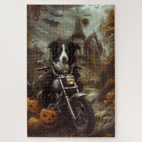Border Collie Riding Motorcycle Halloween Scary Jigsaw Puzzle