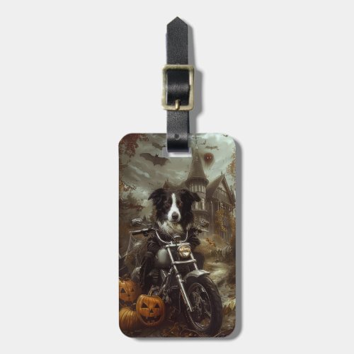 Border Collie Riding Motorcycle Halloween Scary Luggage Tag