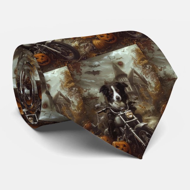 Border Collie Riding Motorcycle Halloween Scary Neck Tie (Rolled)