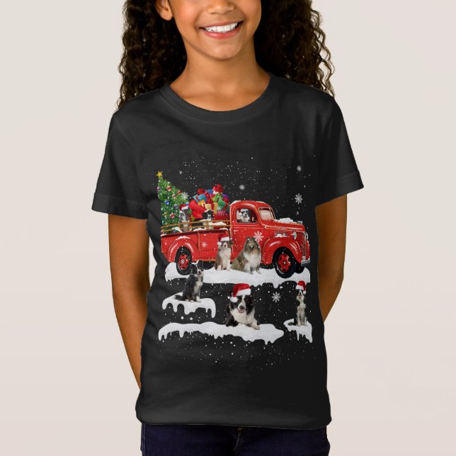 Border Collie Riding Red Truck Merry Christmas X-m T-Shirt (Front)