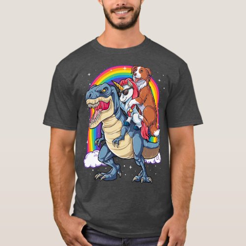 Border Collie Riding Unicorn Dinosaur for Men Wome T_Shirt
