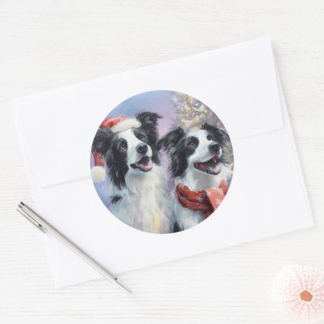 Border Collie Round Christmas Sticker (Envelope)
