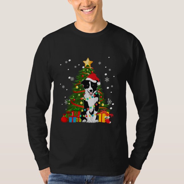 Border collie Santa Christmas Tree Light Pajama T-Shirt (Front)