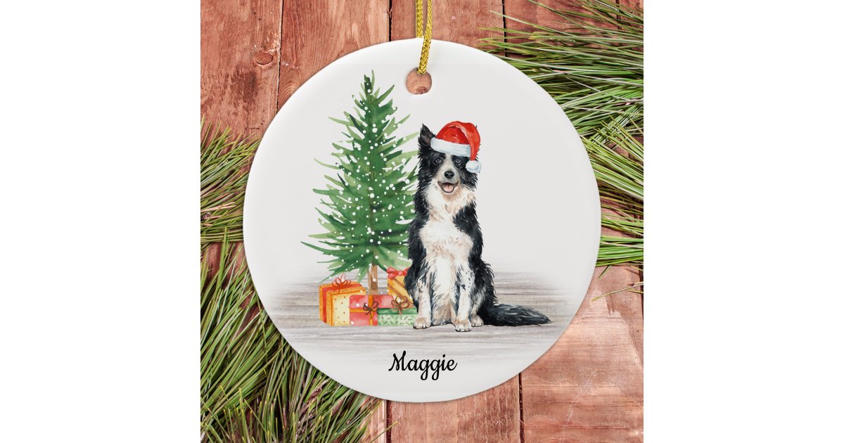 Border Collie Santa Dog Personalized Christmas Ceramic Ornament | Zazzle