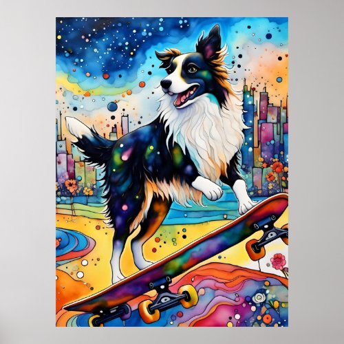 Border Collie Skateboarding Poster