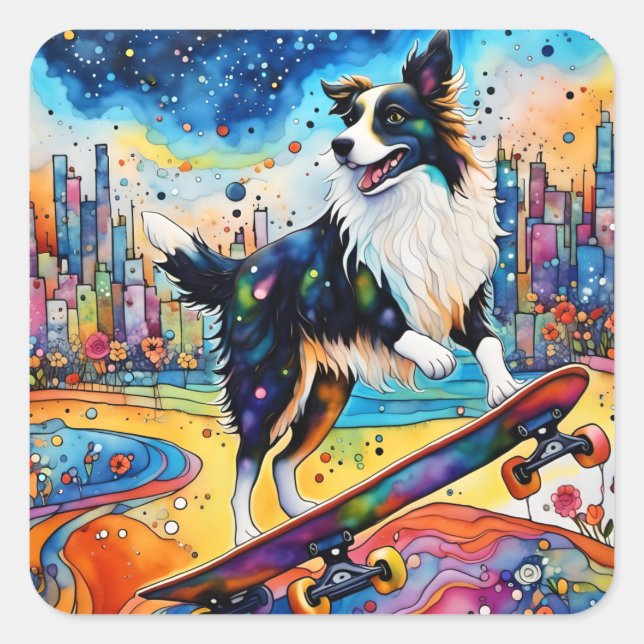 Border Collie Skateboarding Square Sticker (Front)