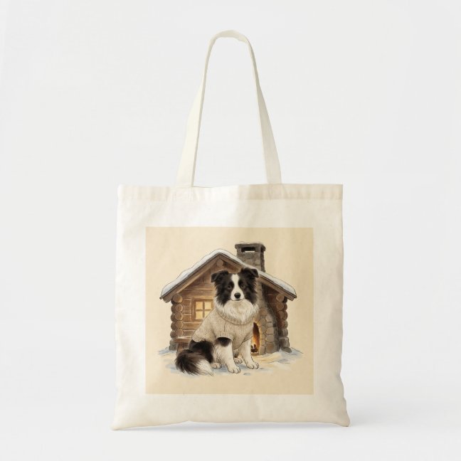 Border Collie Snow Cabin Chimney Tote Bag