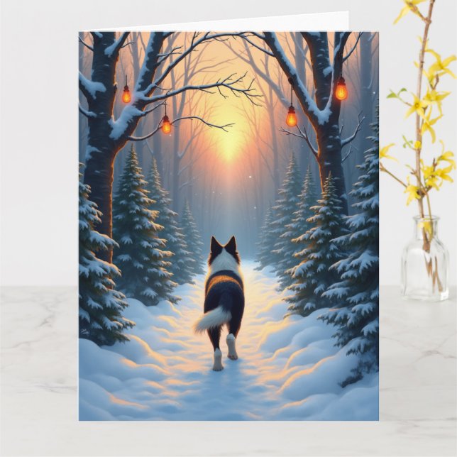 Border Collie Snowy Forest Walk Holiday Painting Card (Yellow Flower)