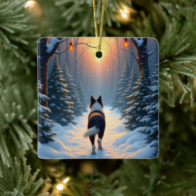Border Collie Snowy Forest Walk Holiday Painting Ceramic Ornament (Tree)