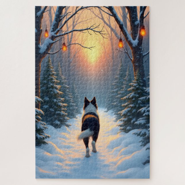 Border Collie Snowy Forest Walk Holiday Painting Jigsaw Puzzle (Vertical)