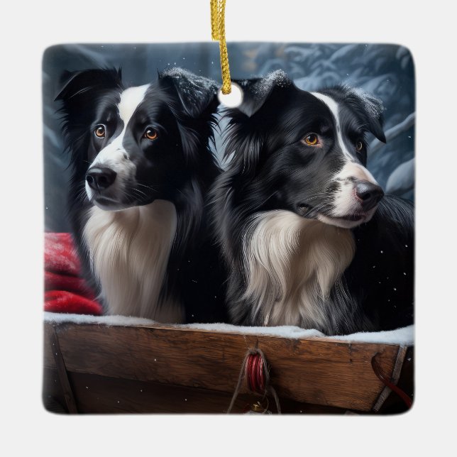 Border Collie Snowy Sleigh Christmas Decor  Ceramic Ornament (Front)