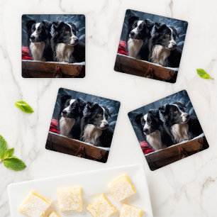 Border Collie Snowy Sleigh Christmas Decor Coaster Set