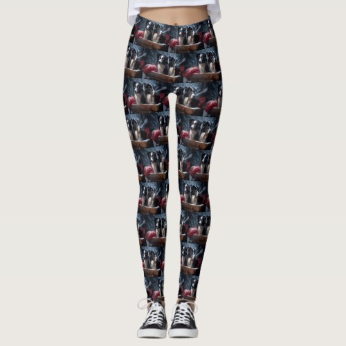 Border Collie Snowy Sleigh Christmas Decor  Leggings