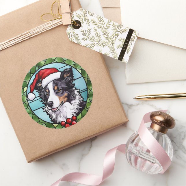 Border Collie Stained Glass Christmas Classic Round Sticker (Gifting)