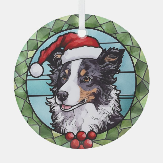 Border Collie Stained Glass Christmas Ornament (Front)