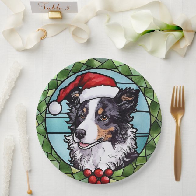 Border Collie Stained Glass Christmas Paper Plates (Wedding)