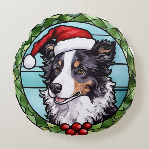 Border Collie Stained Glass Christmas Round Pillow