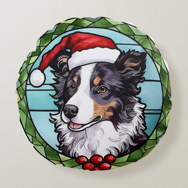 Border Collie Stained Glass Christmas Round Pillow (Front)