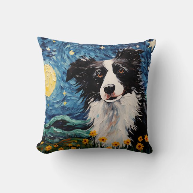 Border Collie Starry Night Throw Pillow (Front)