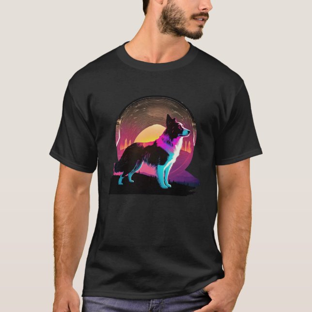 Border Collie Synthwave 80s Retrowave Aesthetic T-Shirt (Front)