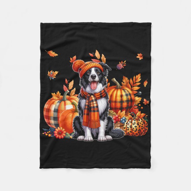 Border Collie Thanksgiving Leopard Pumpkins Fall L Fleece Blanket (Front)