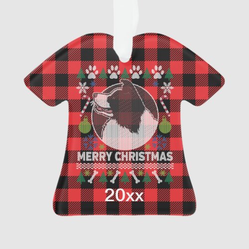 Border Collie Ugly Christmas Sweater Red Plaid Ornament