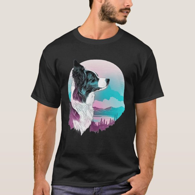 Border Collie Vaporwave Retrowave Aesthetic T-Shirt (Front)