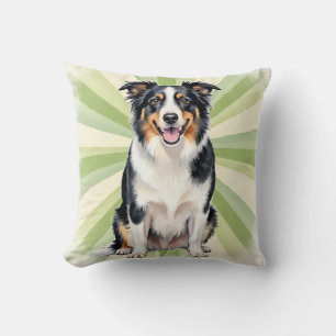 Border Collie Watercolor Radial Burst Art Throw Pillow