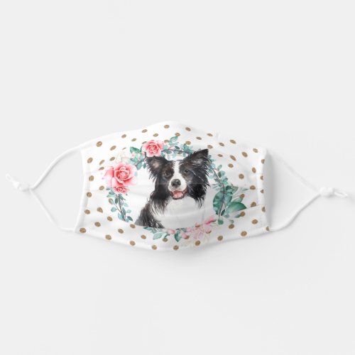 Border collie watercolor rose wreath polka dot adult cloth face mask