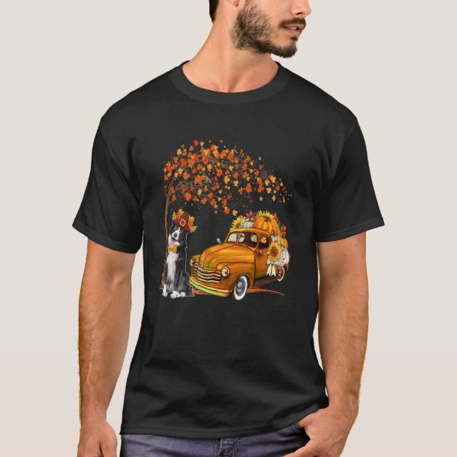 Border Collie Wearing Hat Fall Tree Pickup Truck P T-Shirt (Front)