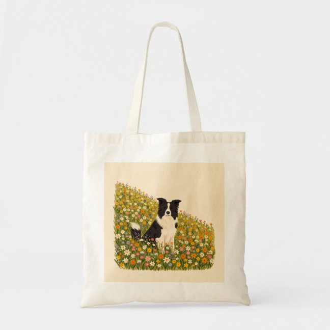 Border Collie Wildflower Hillside Tote Bag